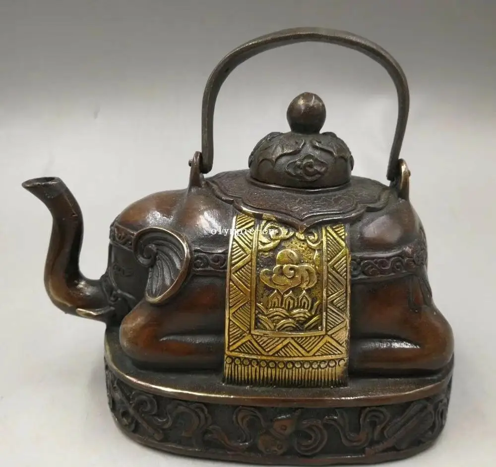 

4'' copper carved auspicious beast Elephant cup pot teapot statue