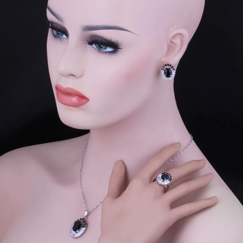 Sublime Flower Black Cubic Zirconia White CZ Silver Plated Jewelry Sets Earrings Pendant Nacklace Chain Ring V1002