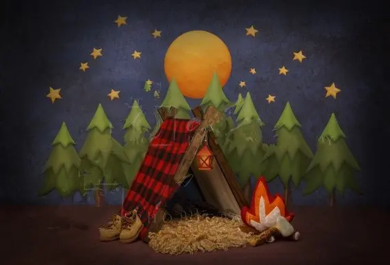 Camping Lumberjack Tent Night Hiking flame Forest full Moon moon tree backdrop   Computer print party background