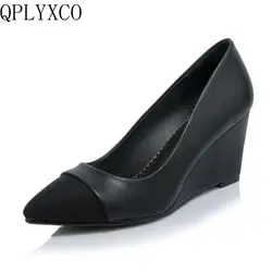 QPLYXCO High-quality Fashion Shoes woman Genuine leather 2018 High Heels Wedges Platform Pumps Elegant Wedding women shoes 18-26