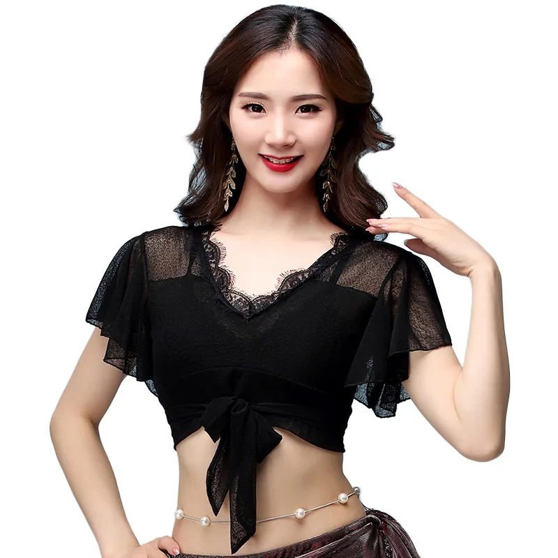 Cheap 2018 Dance Wear Women Sexy Top Cross Crop Halter V-neck Belly Dance Elastic Black Tops with Flare Sleeves