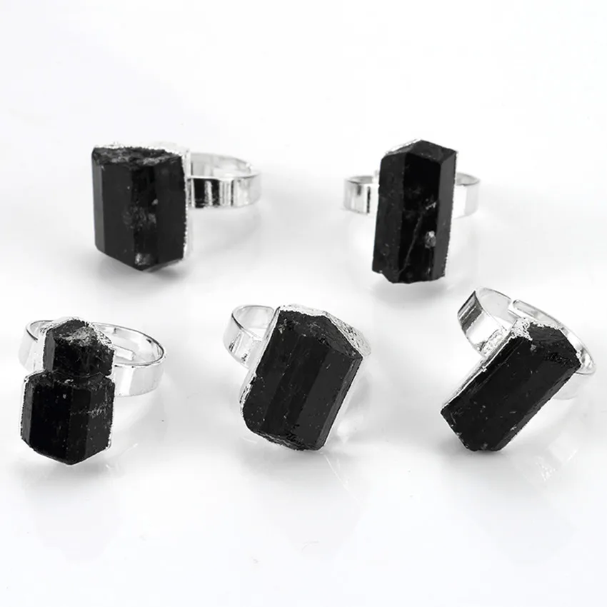 Trendy-beads Silver Plated Resizable Irregular Shape Black Tourmaline Men Ring For Father\'s Day Gift Jewelry