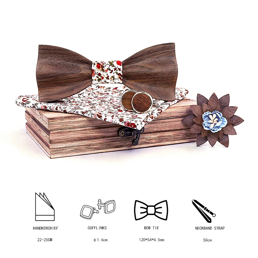 3d Wooden Bow Ties for Men men\'s tie Wood Bowtie Handmade Butterfly Black Walnut Wood Bow Tie Gravata gift Cufflink handkerchief