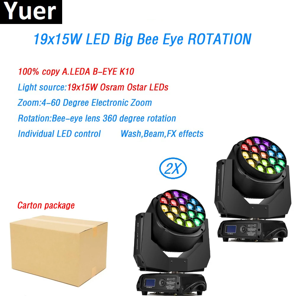 2Pcs/Lot 19x15w RGBW Lamp Ostar leds Moving Head Light DMX512 led lamp Copy Clay Paky A.LEDA B-EYE For DJ Bar show Disco stage