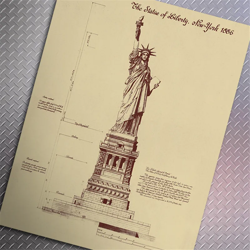 Bar Home Decor Vintage the Statue of Liberty in New York 1886 Design Drawings Poster Retro Kraft Paper 51x35cm Wall Sticker