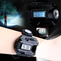 NEW Powerful led Flashlight Tactical LED Display Rechargeable Wrist Watch Flashlight Waterproof Torch With clock mini-compass