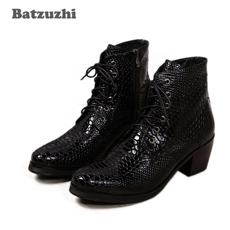 

Batzuzhi 6.8CM High Heels Men Boots Round Toe Lace-up Leather Male Ankle Boots Fashion Japanese Style Boots Men Party/Wedding