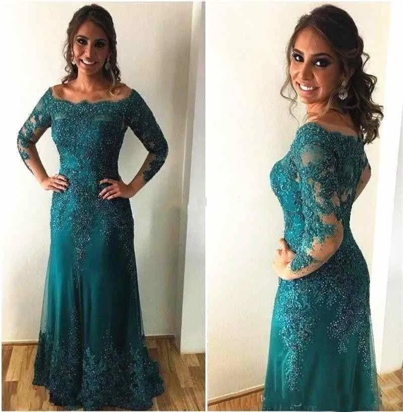 

Green Mother Of The Bride Dresses A-line Long Sleeves Lace Beaded Long Wedding Party Dresses Mother Dresses For Wedding