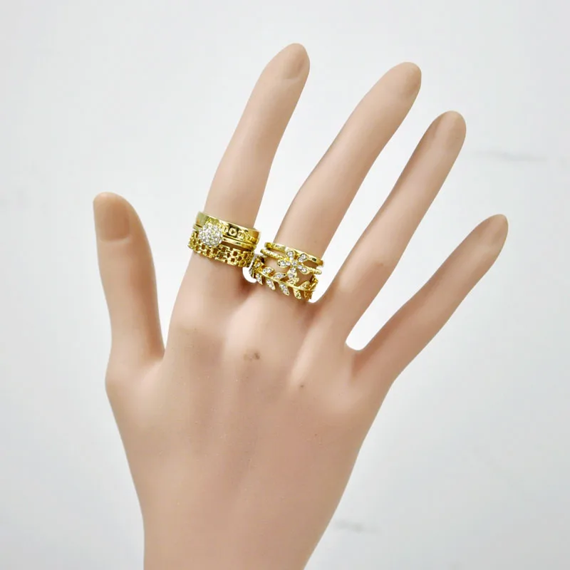 15 Pcs 5 Sets New 3 in 1 Zircon GoldPlated Women Rings Sets For Women Female Wholesale Jewelry Bulks Lot LR4038