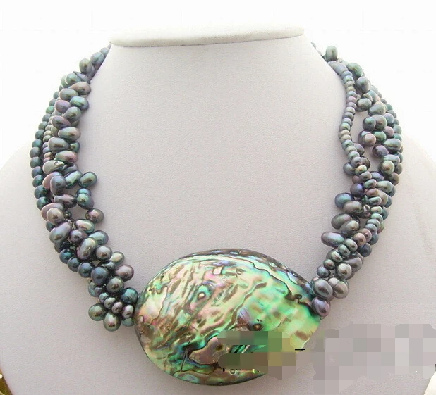 

Hot sell Noble- FREE SHIPPING 4Strds Black Pearl&Paua Abalone Shell Necklace