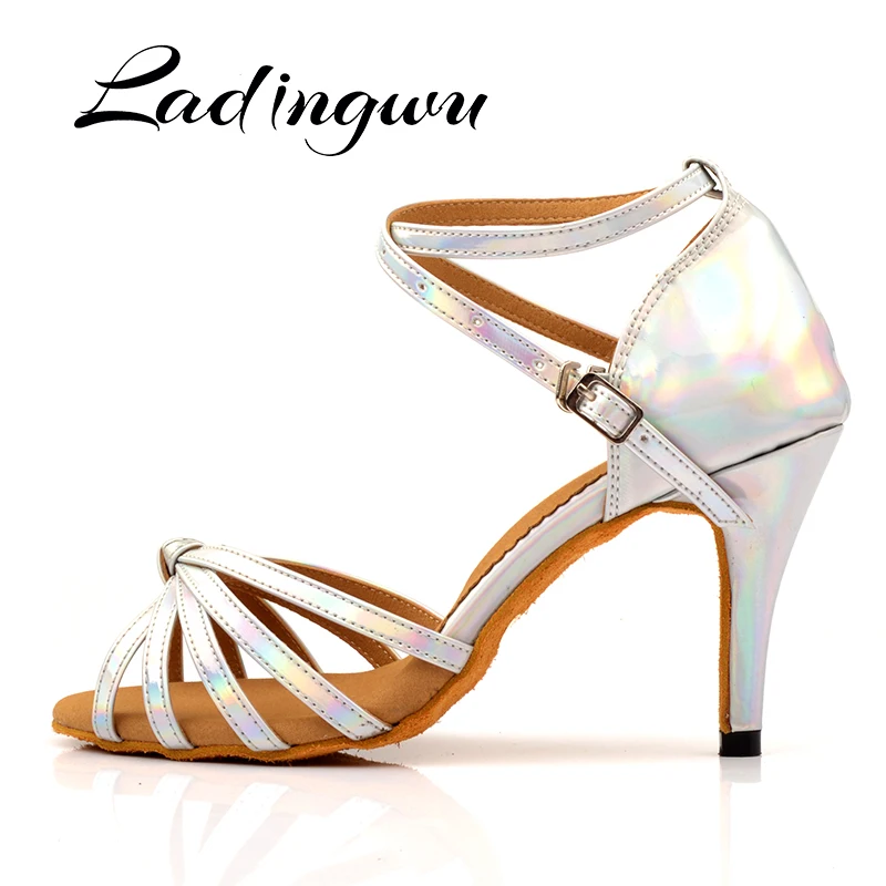 Ladingwu Latin Dance Shoes Salsa Dance shoes Silver discoloration PU Ballroom Dance Shoes Women Heel 6-10cm