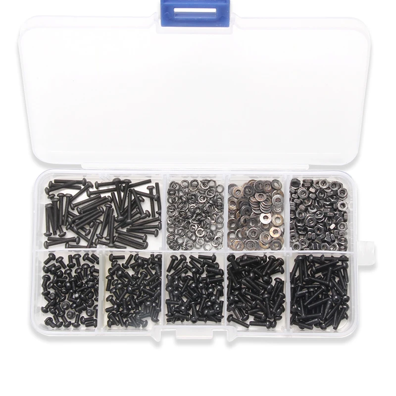 Black Round 600PCS M2*4/5/6/8/10/12 Hexagon Screw Bolt Nut Flat Pad Washers Spring Box Kit With Box