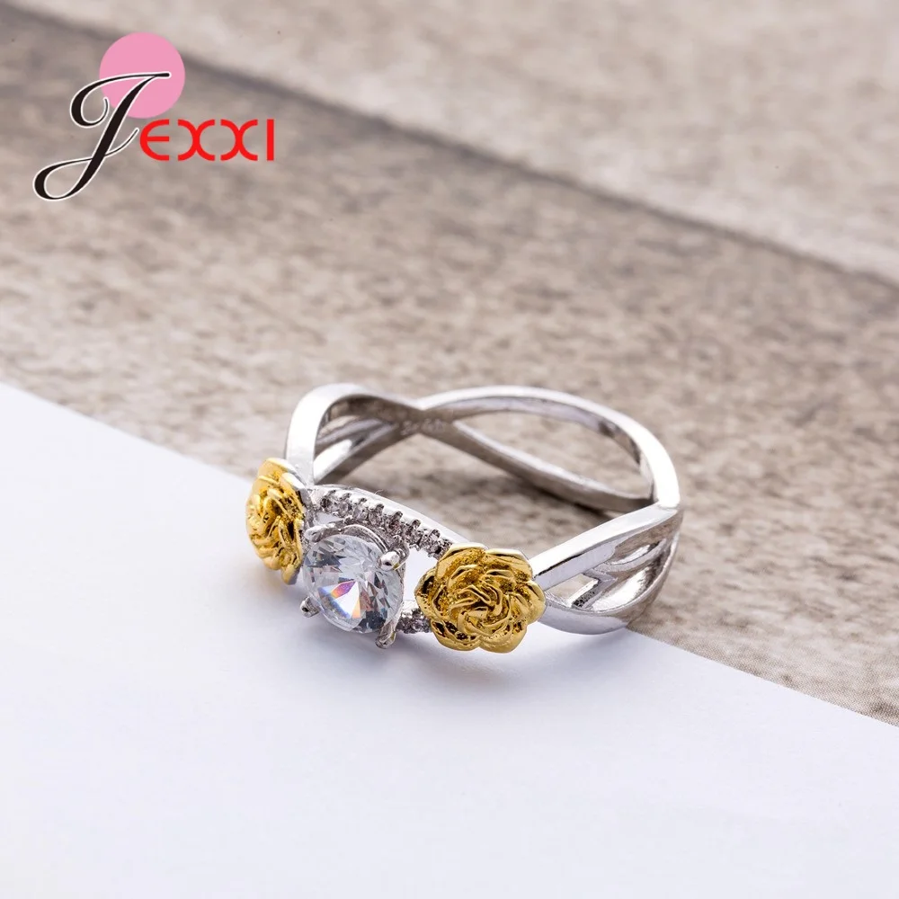 Hochwertige Rosen blumen dekoration 925 Sterling Silber Nadel geometrischen Ring klar Zirkonia Frauen Mädchen Party Schmuck