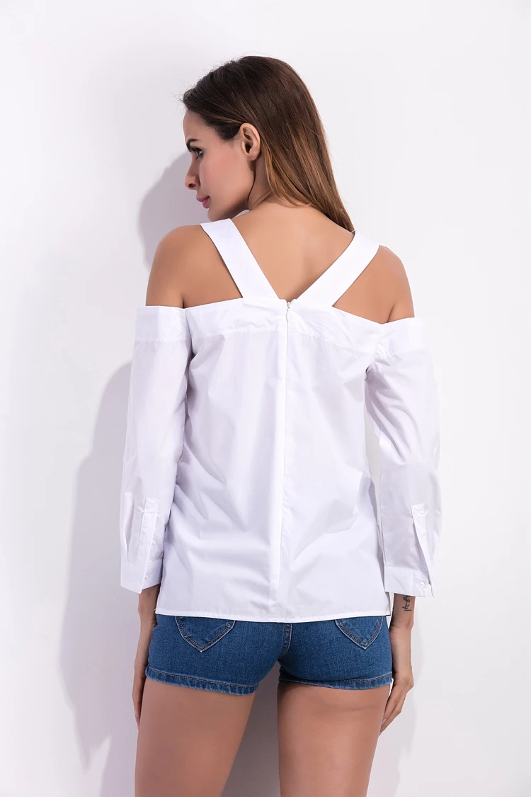 Spring Summer New Cotton White Shirt Women V Neck 3/4 Sleeve Off Shoulder Tops Blusas Back Zipper Ladies Casual Blouse 1467