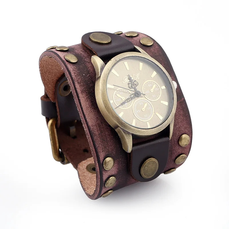 Wristwatch Antique Charms Bracelets For Men Women Genuine Leather Punk Rivet Belt Buckle Big Wide Cuff Bangles Jewelry