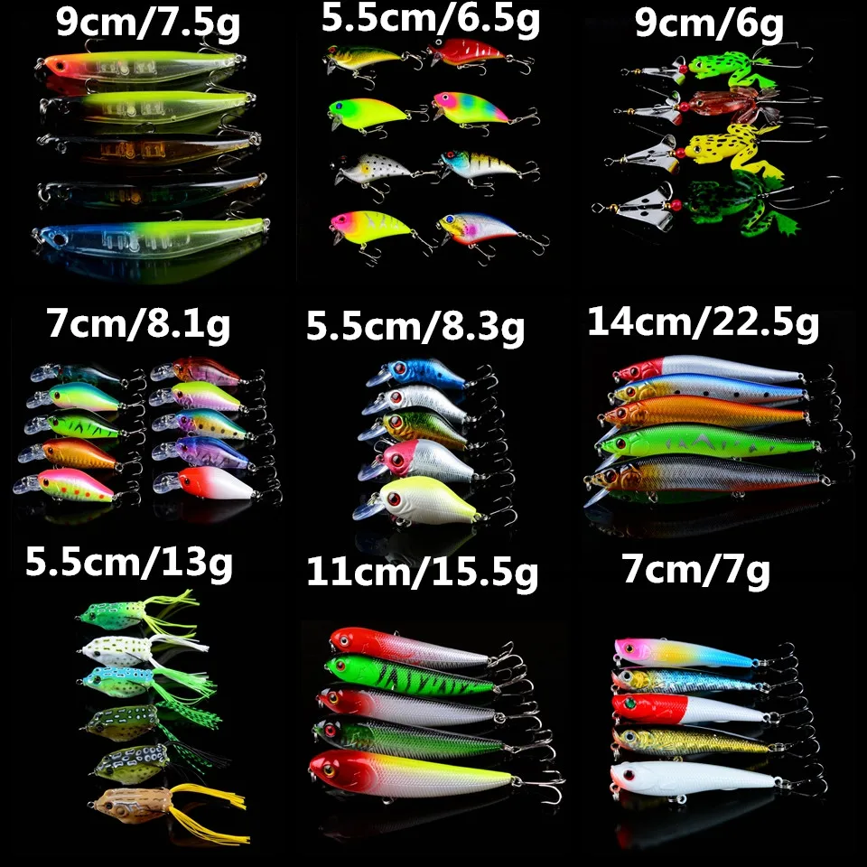 

53pcs/lot Fishing Lures Artificial Set Mixed 9 Models Bass Crankbait Wobblers Fishing Tackle 53 Different Colors bait Wholesale