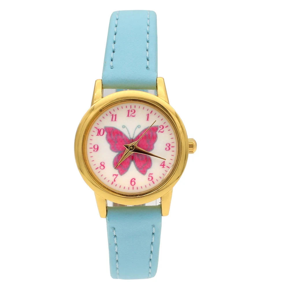 لطيف جميل فراشة جلدية جميلة في سن المراهقة فتاة صبي الأطفال هدية كوارتز ساعة طالب أطفال الحيوان ساعة اليد U93G