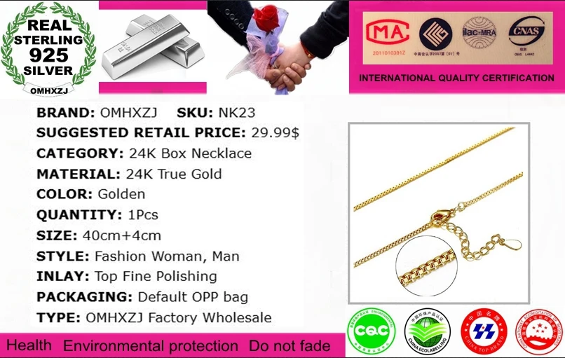 OMHXZJ Wholesale Jewelry Classic Fashion For Woman Man Gift High Quality 24 K 44 CM 17 Inch 24K Gold Box Chain Necklaces NK23