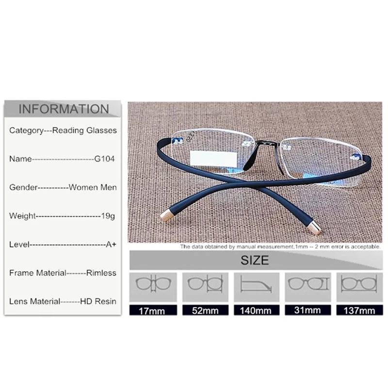 SUMONDY Upscale Extremely Flexible Temple Rimless Reading Glasses Men Women Spectacles Magnifying Vision Presbyopic Eyewear R104