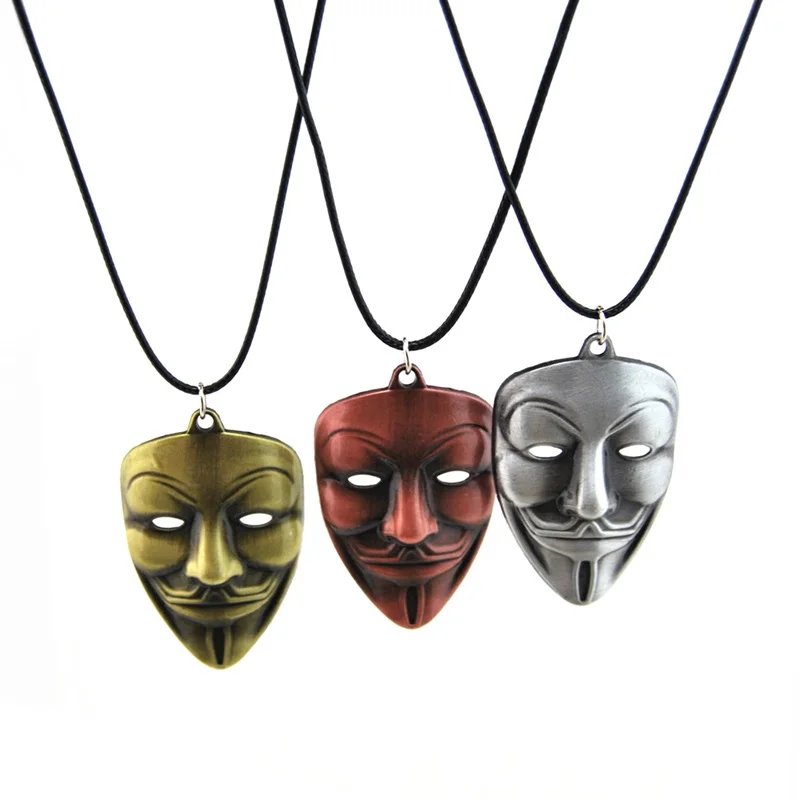 Original New Retro V for Vendetta Necklace Men Leather Chain Vintage Mask Pendant Necklace Women Jewelry Party Gift