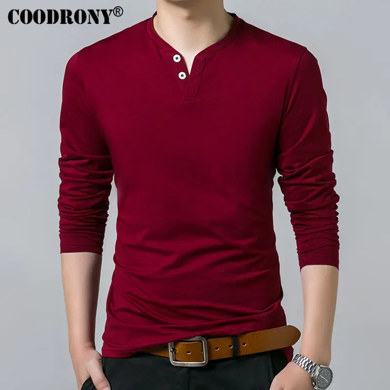 COODRONY T-Shirt Men 2019 Spring Autumn New Long Sleeve Henry Collar T Shirt Men Brand Soft Pure Cotton Slim Fit Tee Shirts 7625