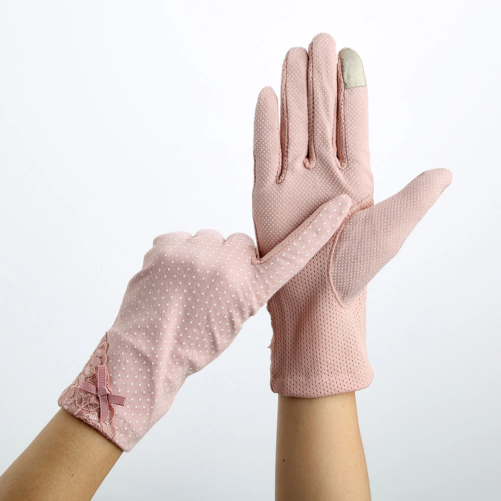 KLV-Guantes de encaje antideslizantes para mujer, protector solar para verano y primavera, elásticos para pantalla táctil, resistentes a los rayos