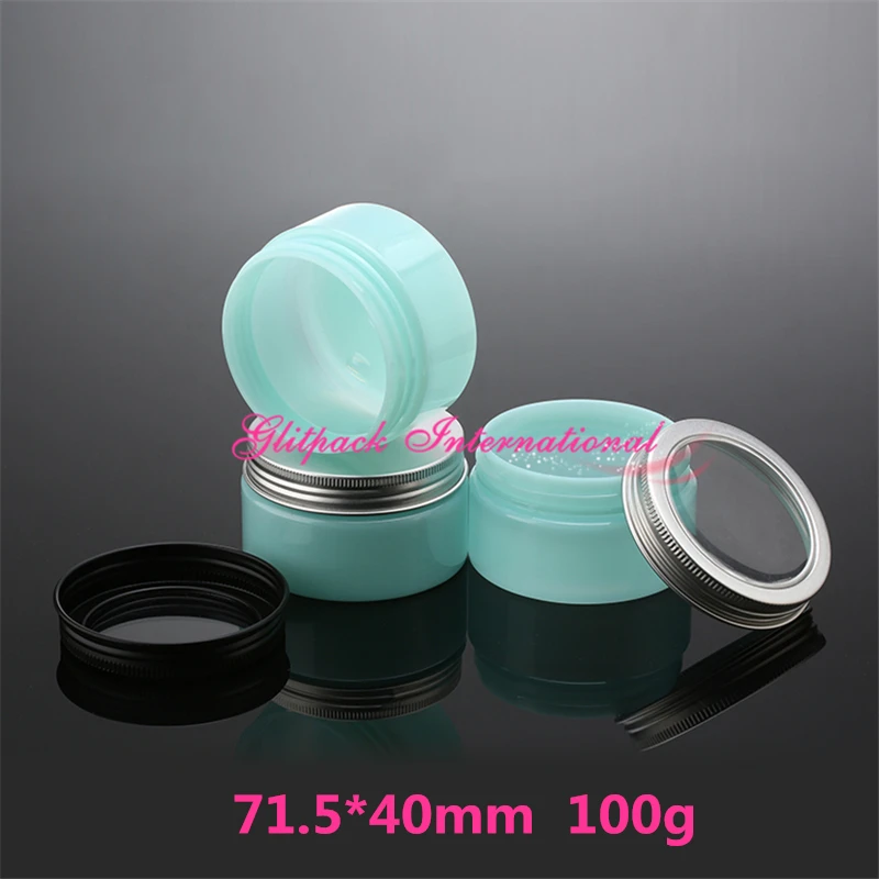 

100g PET cosmetic jar 3.5oz pet jars aluminum lids clear silver plastic window cap green 100ml Bath & Body Care Containers