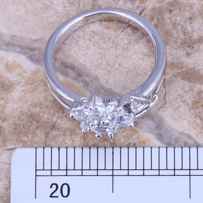 Pleasant White CZ Silver Plated Stamped Flower Ring Size 6 / 7 / 8 / 9 R0146