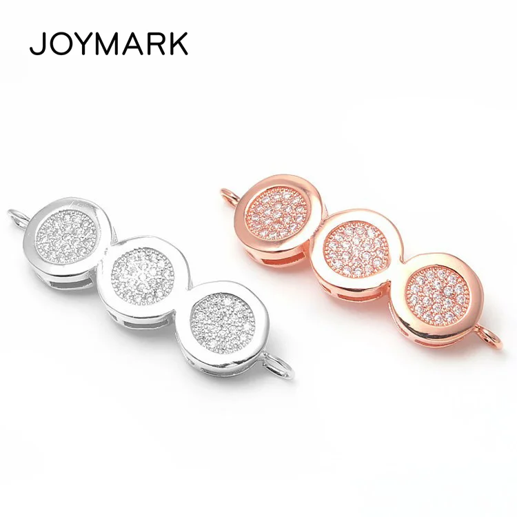 

White Rhodium Rose Gold Plated 925 Sterling Silver Zircon Micro Pave 3 Round Rings Bar Jewelry Connector Findings SLJQ-CZ022