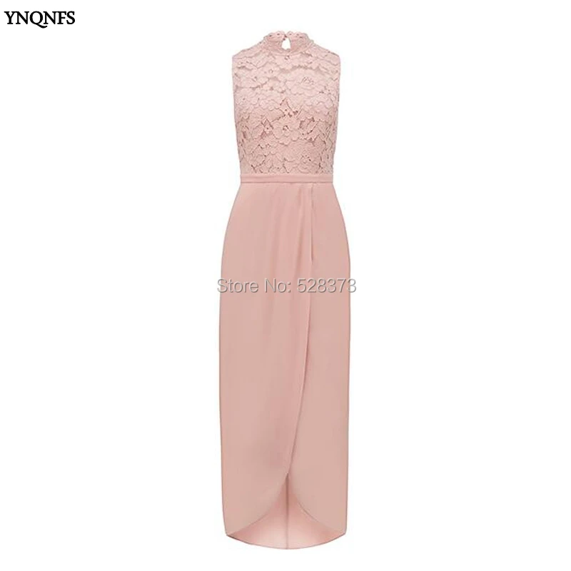 

YNQNFS BD86 Real Guest Dress High Neck Sleeveless Lace/Chiffon High Low Bridesmaid Dresses Ankle Length 2019