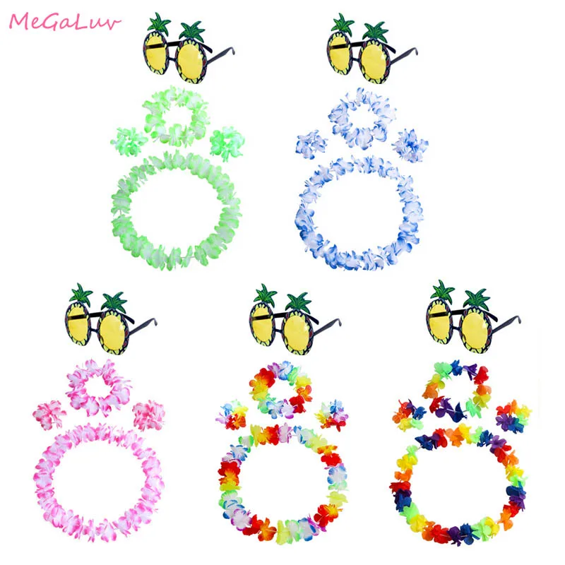 5pcs/Set Hawaiian Flowers leis Garland Necklace Fancy Dress Pineapple Sunglasses Hawaii Luau Summer Beach Tropical Party Decor