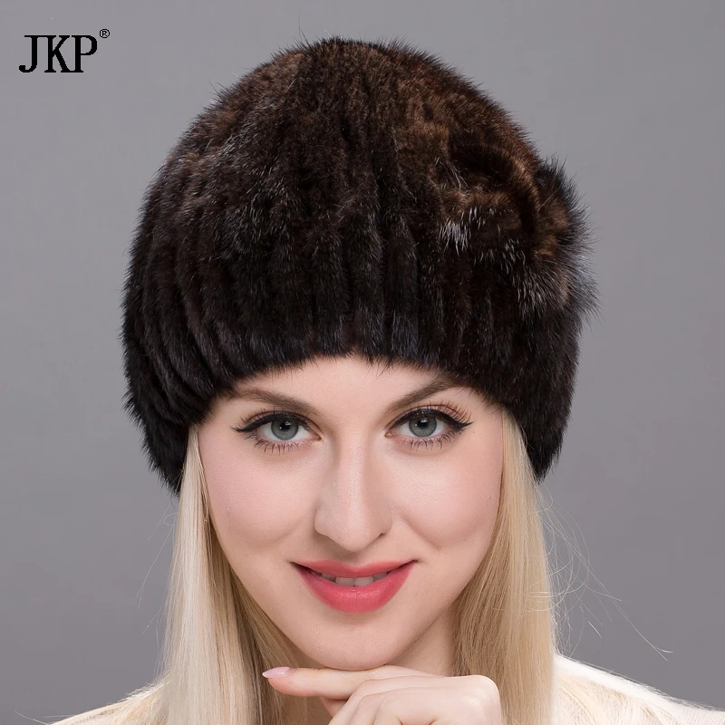 Winter Hats Women Genuine Mink Fur Cap Striped Knitted Casual Solid Female Beanies Fashion  Natural Warm mink Fur caps DHY17-22