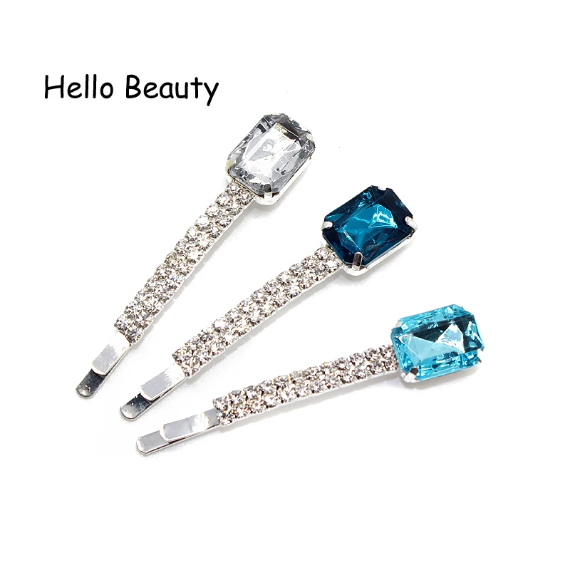 1 Pair Trendy Hair Accessories Luxury Sky Blue Crystal Bling Hair Barrette Square Stone Rhinestone Hair Clips For Women Girls