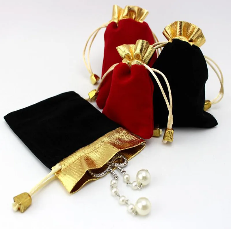 50 pcs/lot Three Size High Quality Black Velvet Drawstring Pouches Jewelry Gift Bag with string,Gold Trim velvet Packaging bags