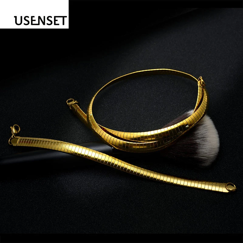 USENSET 4-8mm Stainless Steel Choker Collar For Women Jewelry Torques Snake Chain Necklace Bracelet Set Gifts