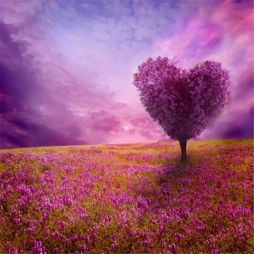 

Love Heart-shaped Tree Valentines Day Photography Backdrops Printed Lavender Flowers Filed Fantasy Wedding Photo Backgrounds