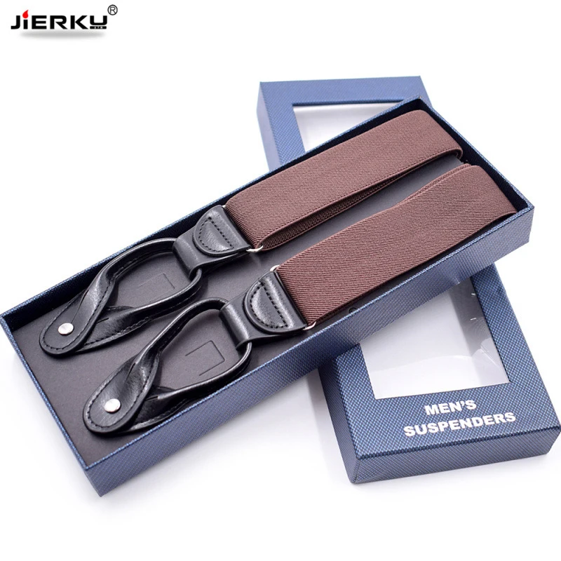 JIERKU Knoppen Bretels Man Bretels Zwart Lederen Suspensorio Mode Broek Riem Vader/Echtgenoot Gift 3.5*120 cm