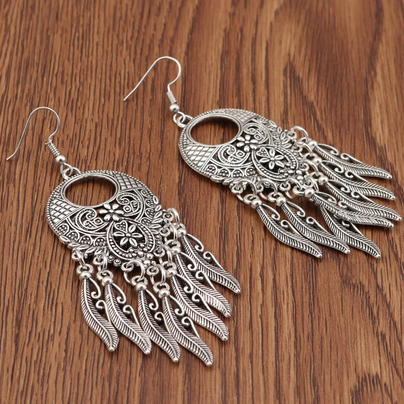 Aihua Vintage Tibet Silber Farbe große Aussage hohle geschnitzte Blumen geometrische Muster Blätter Quaste Tropfen Ohrringe für Frauen – Detail 14
