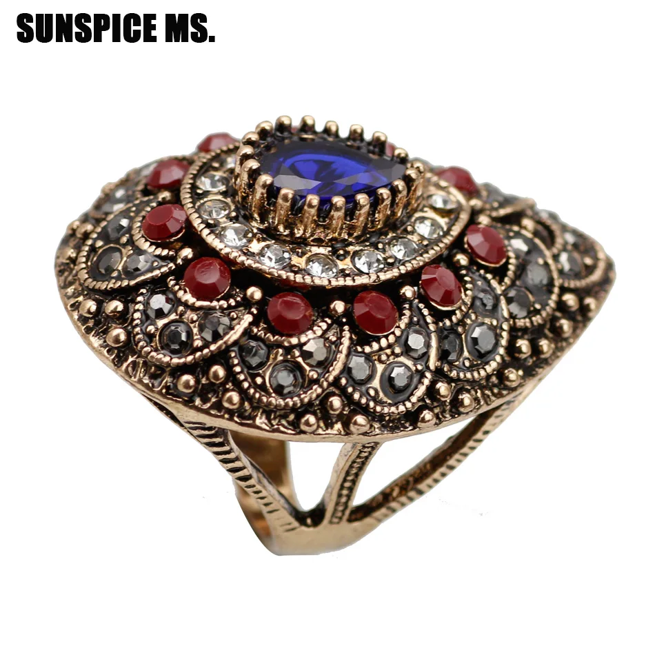 New Bohemia Big Vintage Rings For Women Antique Gold Color Turkey Design Heart Style Ethnic Wedding Natural Stone Rings Jewelry