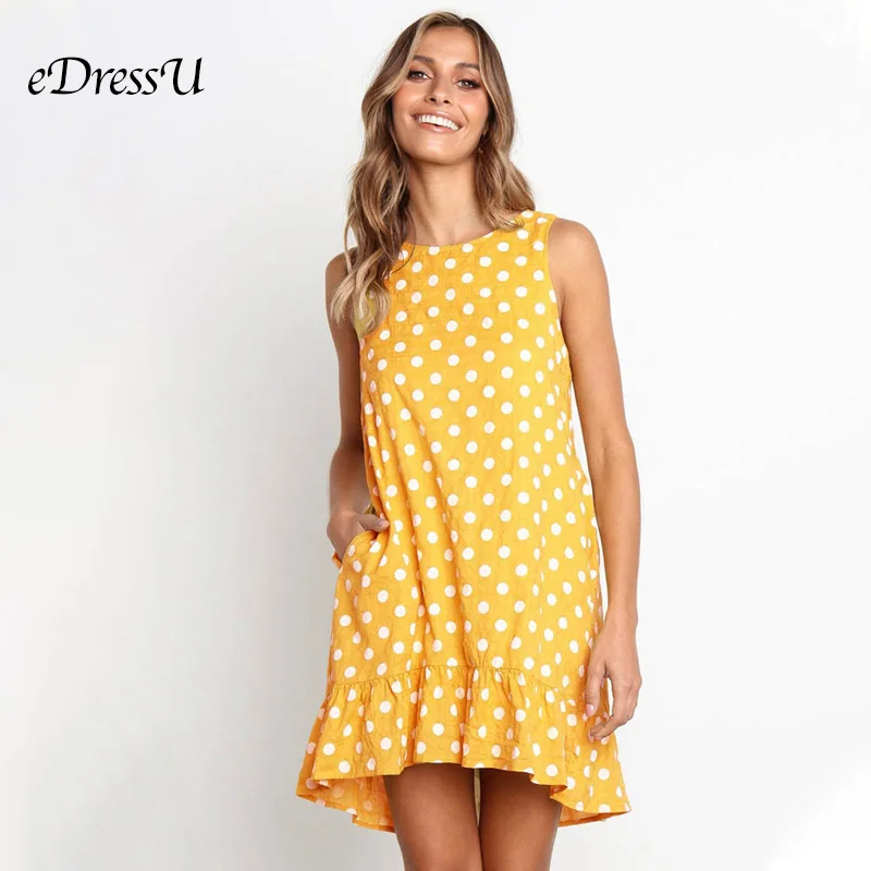 8 Colors Pink Polka Dot Dress Loose Sleeveless Ruffles Casual Summer Dress Knee Length Korean Daily Dress eDressU CLX-101112