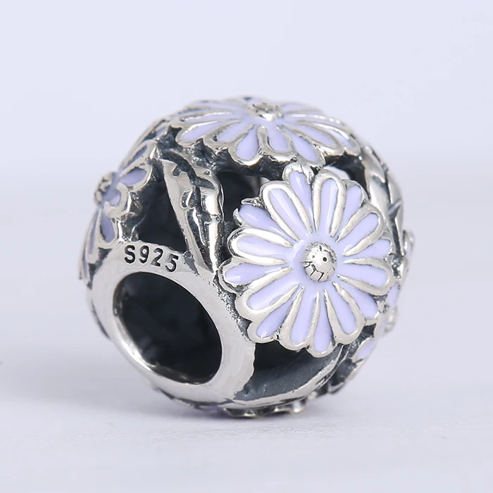 spring collection 925 sterling silver daisy charms with lavender enamel Suitable for Brand Charm Bracelets & Necklaces