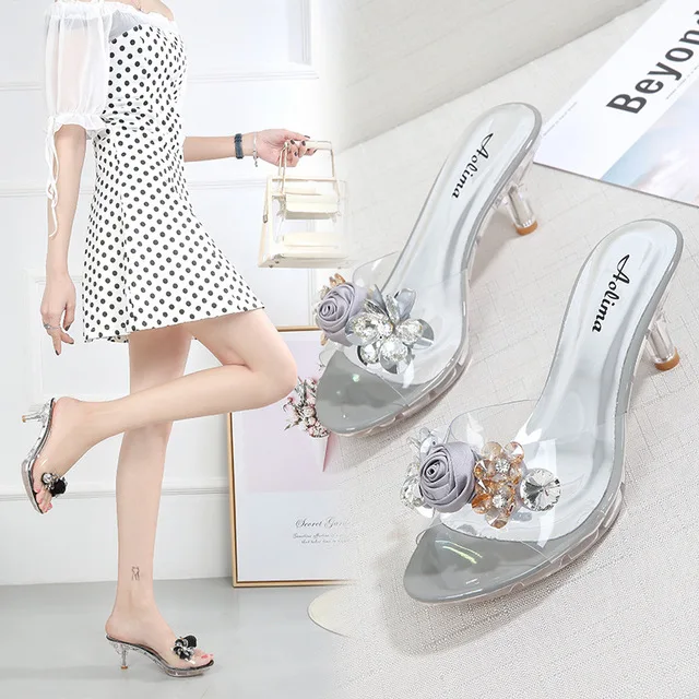 2020 Summer Women Slippers Crystal Flowers 6.5CM High Heels Mules Slides Lady Transparent Flip Flop Slippers Jelly Sandals Shoes