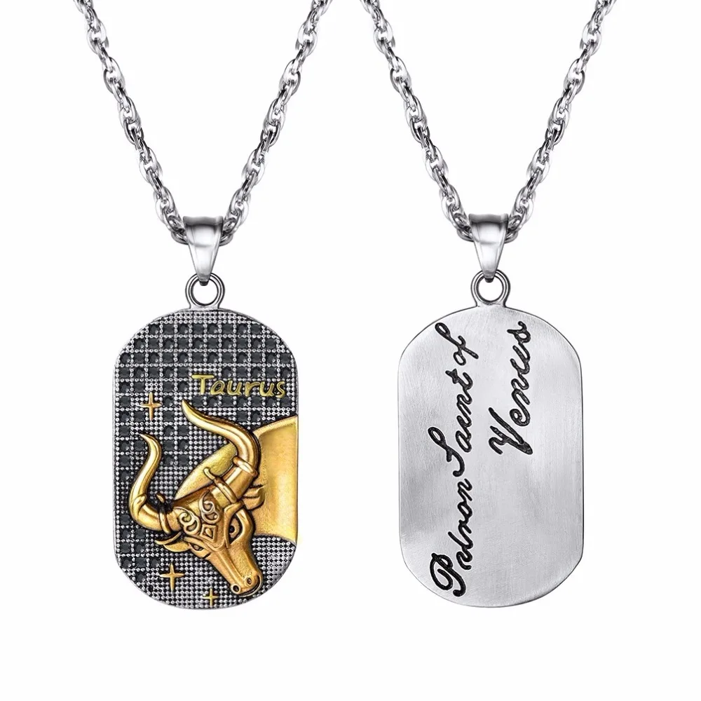 Taurus Pendant Necklace Stainless Steel Constellation Gift Patron Saint Marc Necklace Cameo Dog Tag Zodiac Sign For Men P2922