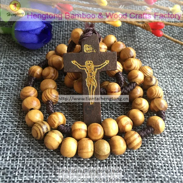 10pcs/pack wholesale cheap olive/pine wooden beads religious rosary, catholic rosary necklace with wooden cross