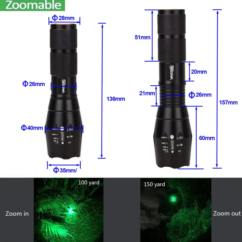 A100 1000Lm Zoomable Flashlight Green/Red Adjustable Focus 1 Mode Hunting Torch+Rifle Scope Mount+Switch+18650+Charger+Case