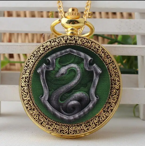 

Vintage Gold antique Slytherin magic school crest enamel quartz woman and men Necklace pocket watch gift