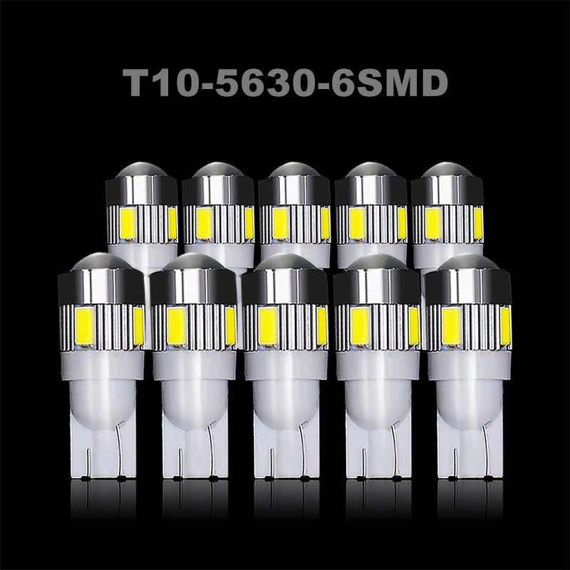 10PCS DC 12V Car LED T10 Bulb White 6000K 5630 6 SMD W5W 194 Interior Reading Lamp Bulbs Parking Lights License Plate Light Bulb