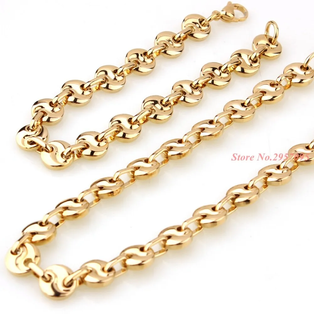 New Product Gold Color Stainless Steel Necklace bracelets Set Link Byzantine Chain Bracelet For Men Jewelry