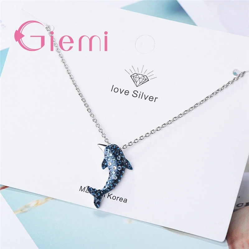 Attractive Trendy Blue Whale Pendant Necklace Genuine 925 Sterling Silver Hard Cubic Zirconia Crystal Jewelry For Women Girls