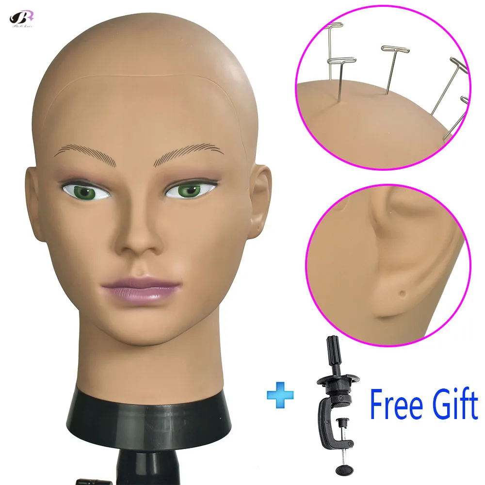 Bolihair Soft PVC Bald Manikin Heads Wig Stand Mannequin Head with Ear Hole Wigs Caps Jewelry Display Head Free clamp